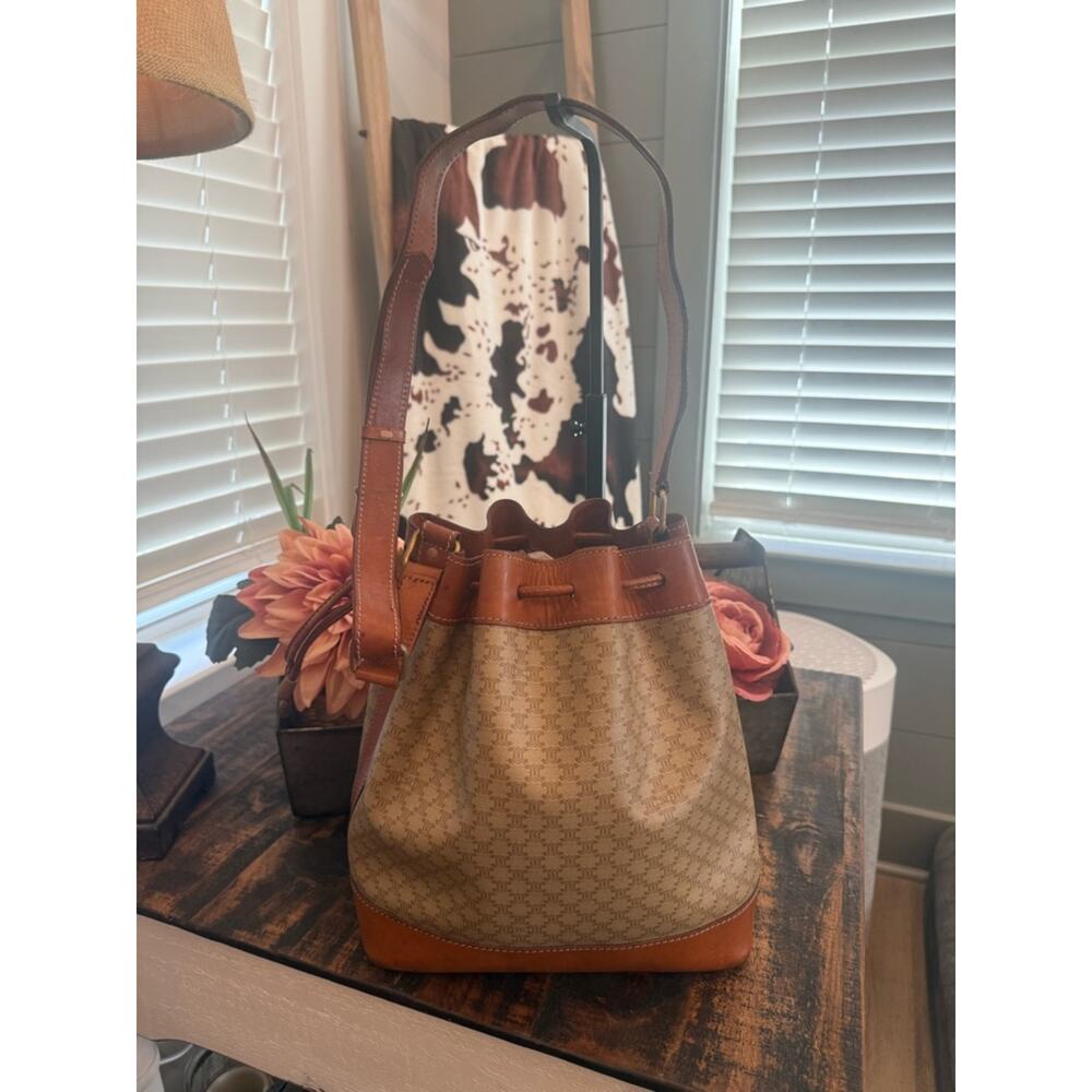 Celine Beige & Brown Canvas Bucket Shoulder Bag - Picture 5 of 12